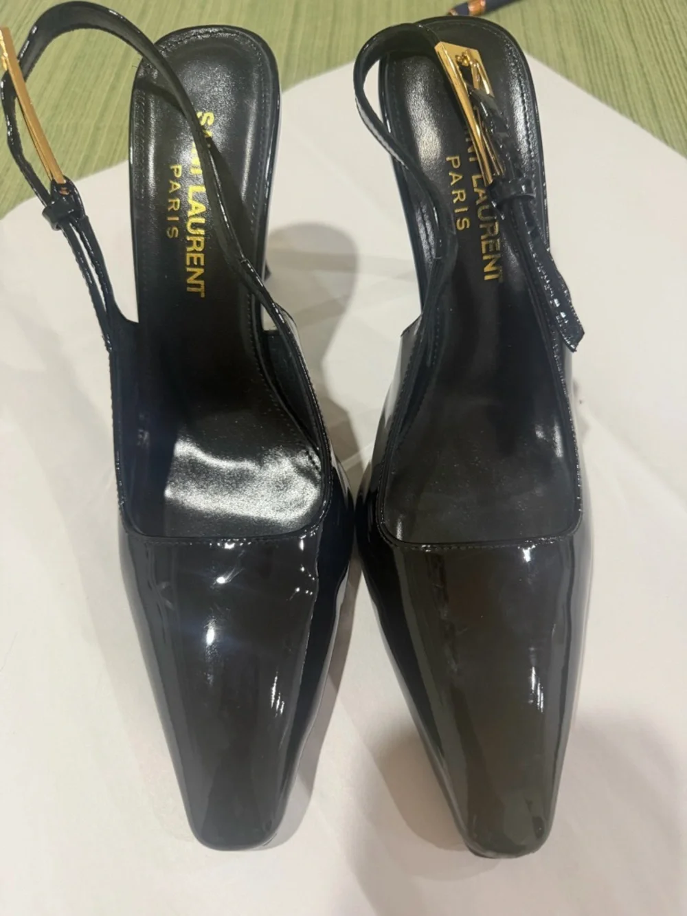 Saint Laurent Black Patent Slingback Pumps with Gold Buckle - Picture 1 of 12